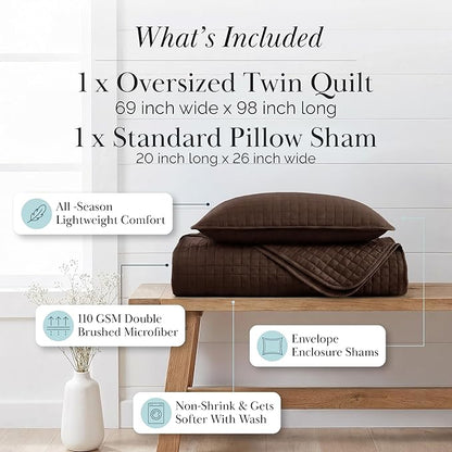 Southshore Fine Living, Inc. Twin XL Bedspread Quilt Set, Dorm Room Bedding Essentials, Stain Resistant, Machine Washable Bed Spread, XL/Twin Brown Comforter Set w/Pillow Sham, Chocolate Brown