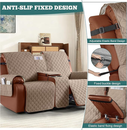 Ruaozz Waterproof Loveseat Recliner Cover with Console Non-Slip Reclining Couch Covers Split Sofa Slipcovers with Elastic Straps Furniture Protector for Kids, Dogs, Pets (Light Brown, 2 Seater)