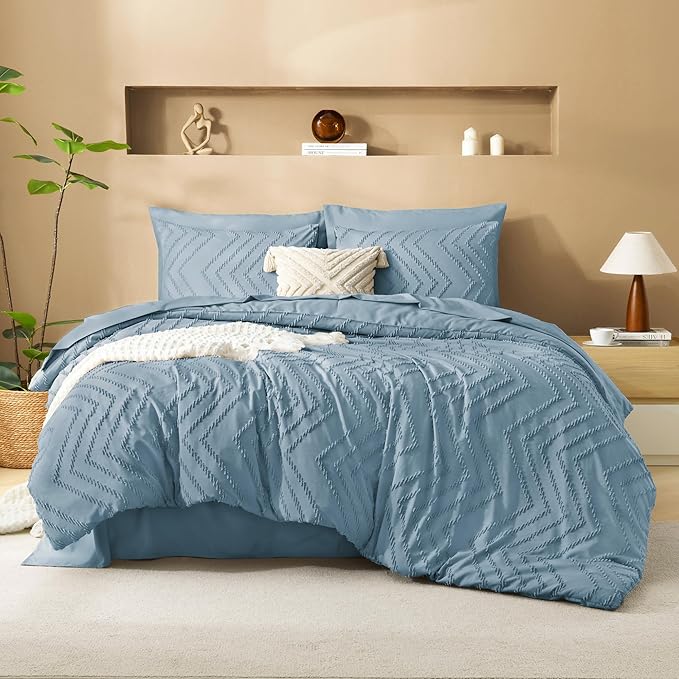 Litanika Grayish Blue Queen Size Comforter Set with Sheets - 7 Pieces Bed in a Bag Queen Boho Tufted Complete Bedding Sets with Comforter, Sheets, Pillowcases & Shams