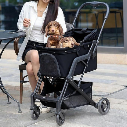 Upgraded Small/Medium Pet Stroller - Dogs & Cats up to 66 lbs, Folds for Storage and Features a Safety Foot Brake, 3-in-1 Foldable Portable Travel Carrier for 2 Small to Medium Pets (Black)