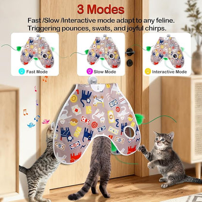 Interactive Cat Toys Moving Concealed Feathers Cat Toys Wall-Mounted Hanging Kitten Teaser Toy for Indoor Cats, Multi-Cat Households (Pink)