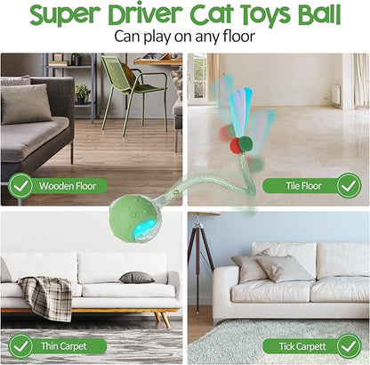 Interactive Cat Toys Ball for Indoor Cats, Automatic Moving Ball Toy with Elastic Mesh Tail, Chirping & Obstacle Avoidance and Motion Activated, Green【Rechargeable】
