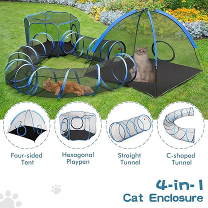 Outdoor Cat Enclosure, 4-in-1 Cat Tent Outdoor Pet Playpen with Tunnel, Portable Catio Play Pen for Outside and Indoor Cat Enclosure with Storage Bag for Kitty and Small Animals
