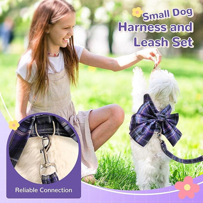 Cute Dog Harness and Leash Set with Bow Tie Soft Mesh Plaid Girl Puppy Harness No Pull Pet Cat Dog Vest Harness for Small Dogs Chihuahua Rabbit Outfit (Purple,M)