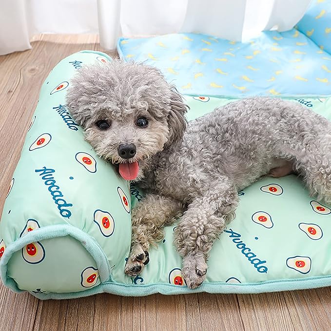 PUMYPOREITY Cooling Dog Bed, Pet Cooling Mat with Pillow, Ice Silk Cooling Dog Blanket, Self Cooling Pad for Cat,Dog, Washable Summer Pet Mat for Kennel, Crates, Sofa, Floor, Green, L