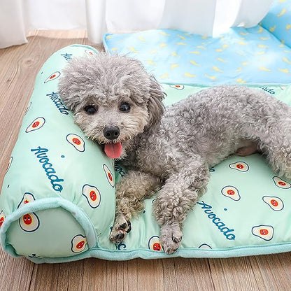 PUMYPOREITY Cooling Dog Bed, Pet Cooling Mat with Pillow, Ice Silk Cooling Dog Blanket, Self Cooling Pad for Cat,Dog, Washable Summer Pet Mat for Kennel, Crates, Sofa, Floor, Green, L