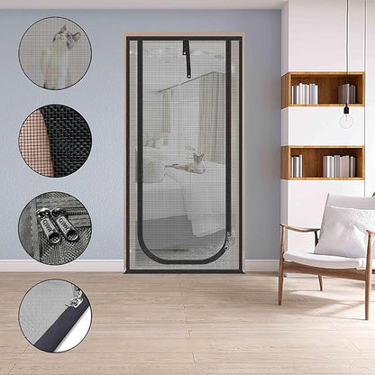 QWR Upgraded Pet Screen Door Fits Door Opening Size Up to 30"x80",Heavy Duty Cat Proof Mesh Screen Door with Zipper Closure,Prevent Cats Running Out from Home,Bedroom,Living Room,Kitchen(U-type,Black)