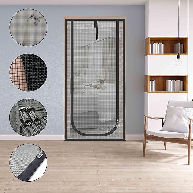 Reinforced Cat Screen Door,Fits Door Opening Size 34''x 81'',Thickened Cat Resistant Mesh Screen Door for Living Room,Kitchen,Bedroom,Cat Proof Screen with Zipper Closure.