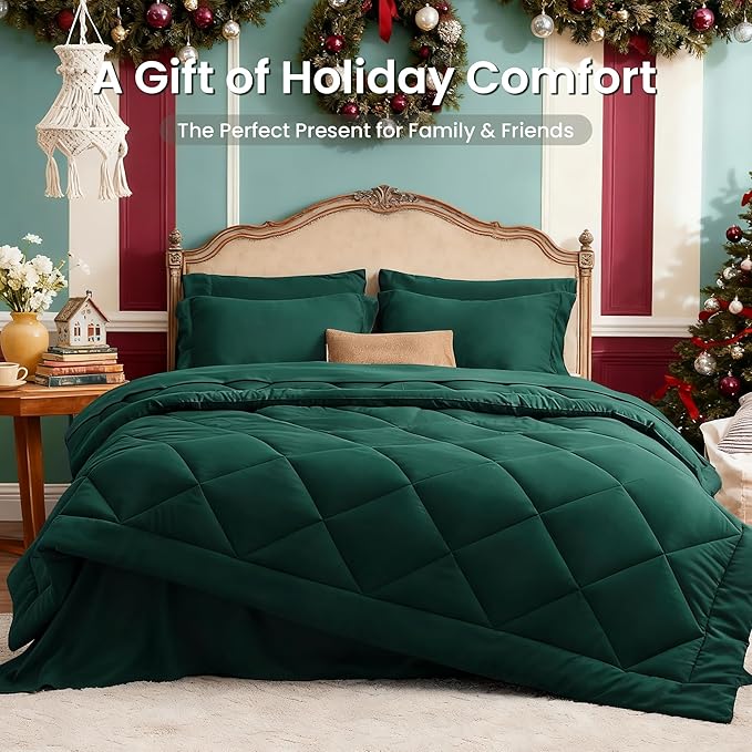 Love's cabin California King Comforter Set Dark Green, 7 Pieces California King Bed in a Bag, All Season Bedding Sets with 1 Comforter, 1 Flat Sheet, 1 Fitted Sheet, 2 Pillowcase and 2 Pillow Sham