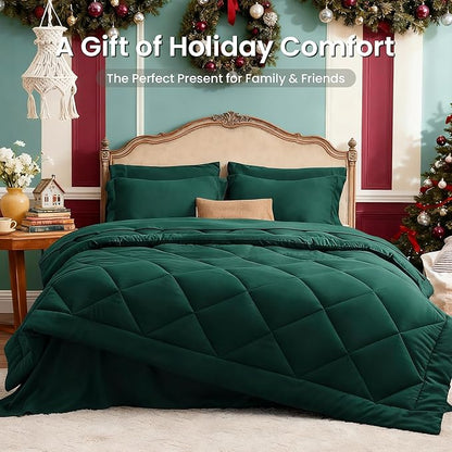 Love's cabin Queen Comforter Set Dark Green, 7 Pieces Queen Bed in a Bag, All Season Bedding Sets with 1 Comforter, 1 Flat Sheet, 1 Fitted Sheet, 2 Pillowcase and 2 Pillow Sham