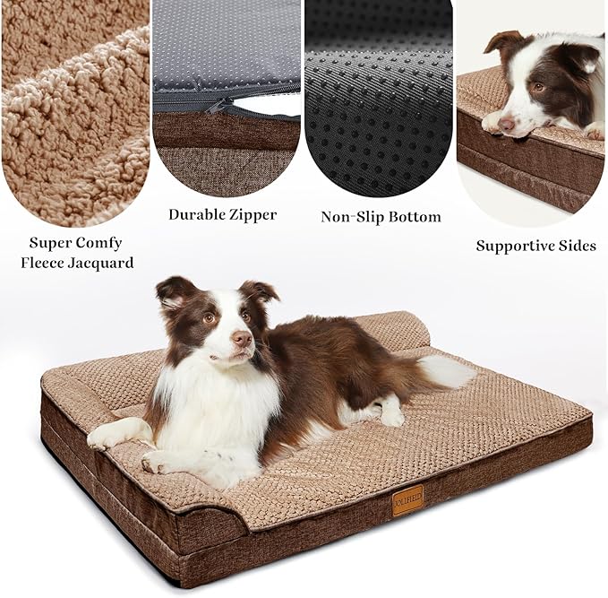 Orthopedic XL Dog Bed Large Sized Dog 42''X28'', Waterproof L Bolster Egg Crate Foam Big Pet Crate Beds with Washable Removable Cover, Non-Slip Soft Pet Couch Sleep Mat, Brown