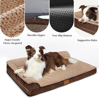 Orthopedic XL Dog Bed Large Sized Dog 42''X28'', Waterproof L Bolster Egg Crate Foam Big Pet Crate Beds with Washable Removable Cover, Non-Slip Soft Pet Couch Sleep Mat, Brown