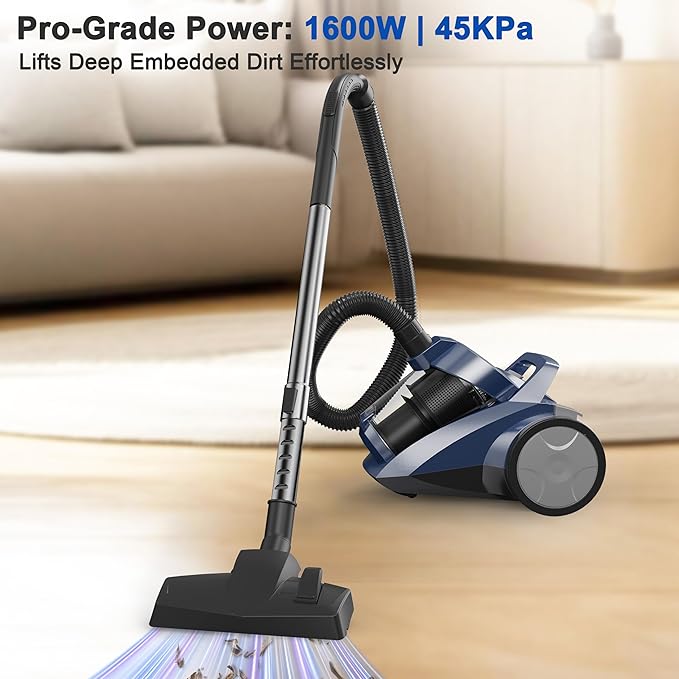 Sweepcent Canister Vacuum Cleaner 45KPa Power Bagless Canister Vacuums for Home with 5 Tools 4.5QT Dust Cup Double HEPA Filter Lightweight Multi-Surface Vacuum Cleaners for Carpet Hard Floor Pet Hair