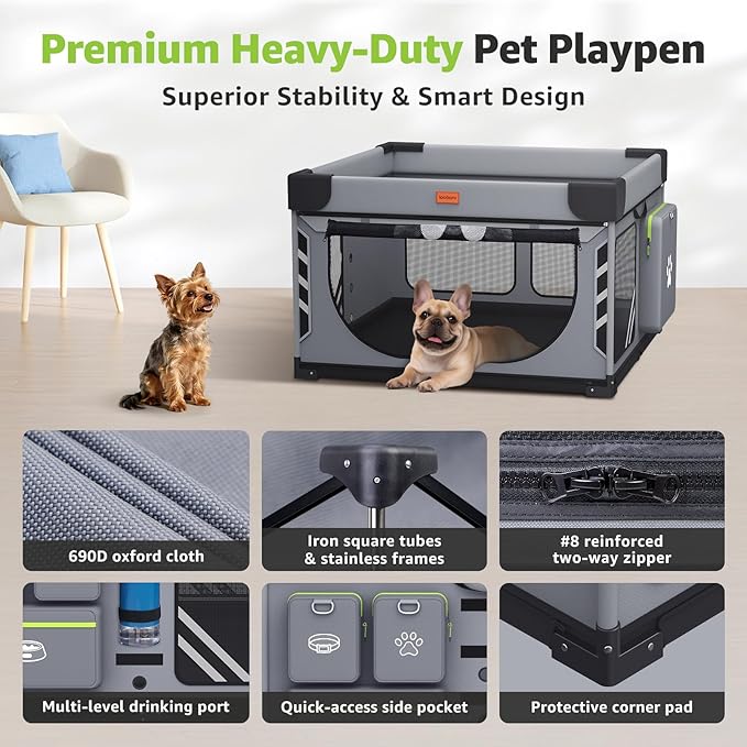 Loobani Foldable Dog Playpen Indoor/Outdoor,1 Min Setup Whelping Box, 690D Oxford Fabric & Reinforced Steel/Iron Frame, Portable Puppy Playpen with Rugged Carry Bag for Home &Travel-43.3"x43.3"x26.77"