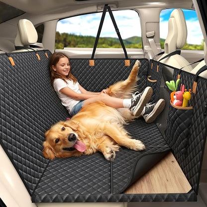 Lekereise 400LBS Hard Bottom Dog Car Hammock - 600D Heavy Duty Waterproof Dog Seat Cover Back Seat Extender, Mesh Window & Storage Pockets, Universal Fit for Sedans SUVs Trucks, Supports Large Dogs