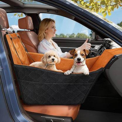 Elevated Dog Car Seat, Dog Booster Car Seats for Small & Medium Breeds Up to 35lbs, Fully Detachable and Washable, Memory Foam Pet Carseat with 2 Storage Pockets & 3 Safety Belts, Black + Brown