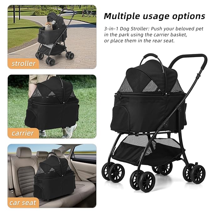 Pet Stroller Quickly Folds for Easy Storage Cat Stroller with Detachable Carrier Thickened Oxford Cloth Breathable Basket Dog Strollers for Small Dogs (Blue)