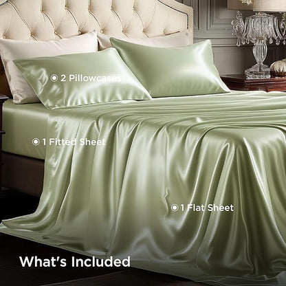 Bedsure Satin Sheets King Size - 4 Piece Silky Bedsheets with Elastic Corner Straps and 15 Inches Deep Pocket Fitted Bedsheet,1 Flat Sheet, 2 Satin Pillowcases, Good for Hair &Skin (King, Light Green)