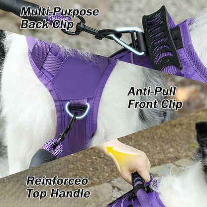 No Pull Tactical Dog Harness for Large Dogs, Escape Proof Molle Dog Vest Harness and Leash Set, Adjustable Military Service Dog Harness with Handle for Medium Large Dogs(Purple, XL)