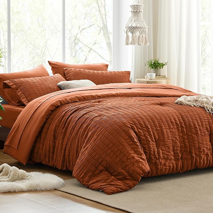 Love's cabin Seersucker Terracotta Queen Comforter Set, 7-Piece All Season Lightweight Bed in a Bag Bedding Set with Comforter, Flat Sheet, Fitted Sheet, Pillowcases and Shams | Soft, Breathable, Lightweight