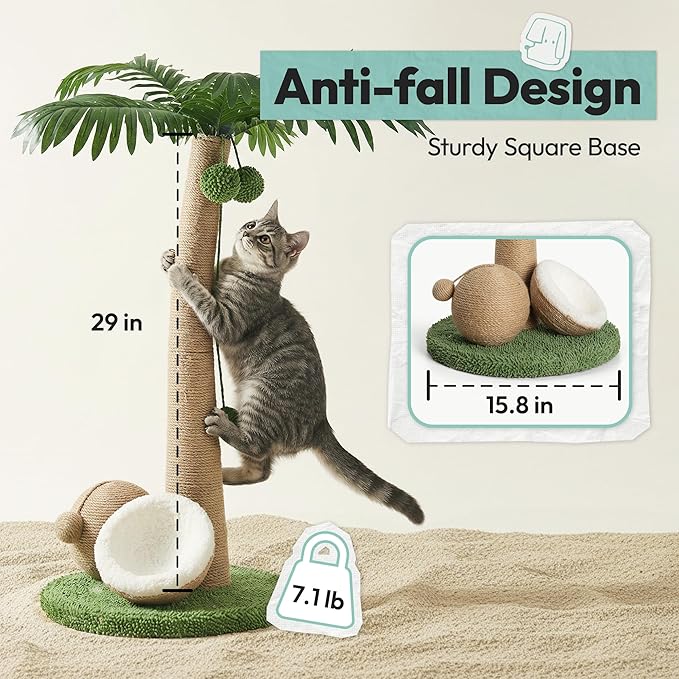 33" Tall Cat Scratching Post, Natural Jute Cat Scratcher for Indoor Cats,Twin Coconuts & Tree Design with Hanging Toy Ball & Rest Platform,Stable Furniture Protector for Kittens & Adult Cats,M