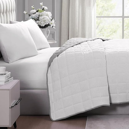 Casa Platino Queen Microfiber Comforter - Pre-Washed, Quilted Blanket, All Season, Lightweight, Down Alternative, Silver Ticking Stripe