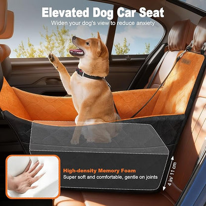 Elevated Dog Car Seat, Dog Booster Car Seats for Small & Medium Breeds Up to 35lbs, Fully Detachable and Washable, Memory Foam Pet Carseat with 2 Storage Pockets & 3 Safety Belts, Black + Brown