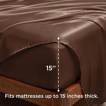 Bedsure Satin Sheets Full Size - 4 Piece Silky Bedsheets with 15 Inches Deep Pocket Fitted Bedsheet,1 Flat Sheet, 2 Satin Pillowcases, Good for Hair & Skin (Full, Coffee)