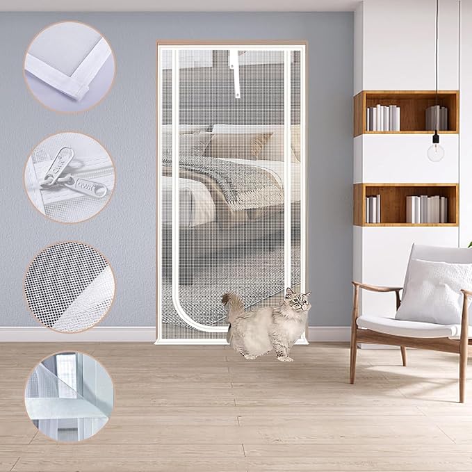 Reinforced Cat Screen Door,Fits Door Opening Size 36''x 84'',Thickened Cat Resistant Mesh Screen Door for Living Room,Kitchen,Bedroom,Cat Proof Screen with Zipper Closure. (U-Type,White)