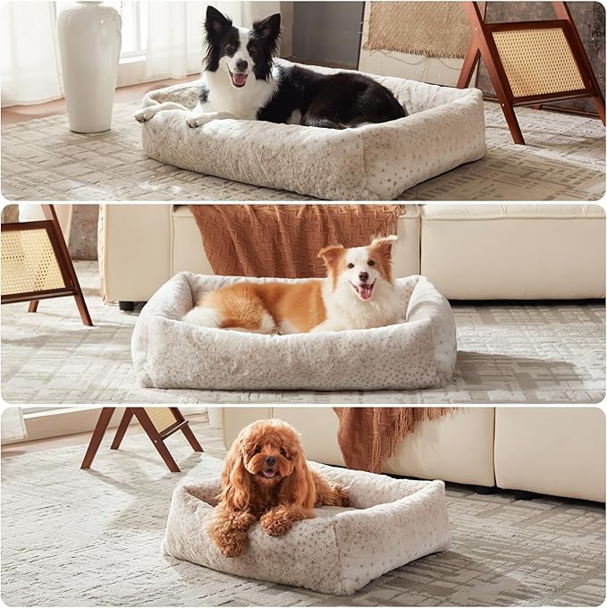 JOEJOY Small Dog Bed for Small Dogs, Removable Washable Cover Orthopedic Soft Faux Rabbit Fur Pet Bed, Anti-Slip Fluffy Plush Puppy Bed, 20"x19"x6", Leopard Print, Beige