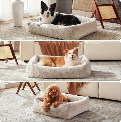 JOEJOY XL Dog Beds Large Sized Dog, Removable Washable Cover Orthopedic Soft Faux Rabbit Fur Pet Bed, Anti-Slip Fluffy Plush Faux Rabbit Fur Puppy Bed, 42"x36"x9", Leopard Print, Beige