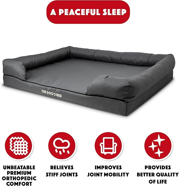 The Dog’s Bed Orthopedic Memory Foam Dog Bed with Bolsters for XXL Dogs, Waterproof Washable Cover, Anti-Slip Base, Calming Surface – CertiPUR-Certified Foam, Oxford Fabric, Grey with Black Trim, XXL