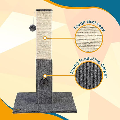Pawbee 32" Cat Scratching Post with Jingle Bell and Softball, Sisal Rope Tower for Indoor Adults Large Cats, Gray & Beige