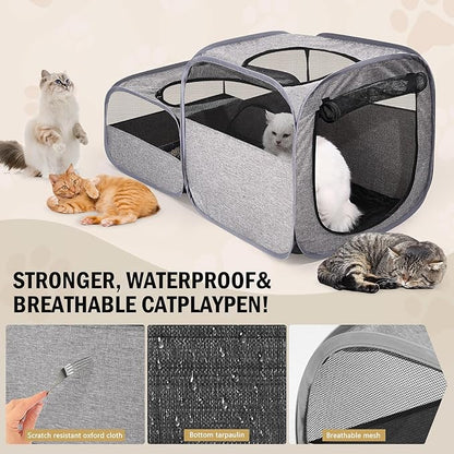 Tailtastic Large Outdoor Cat Playpen, Foldable 2-in-1 Zone Waterproof Cat Enclosure Puppy Pen for Outdoor Use, Portable Pet Playpen with Soft Sides, Great for Gardens, Camping, Backyard