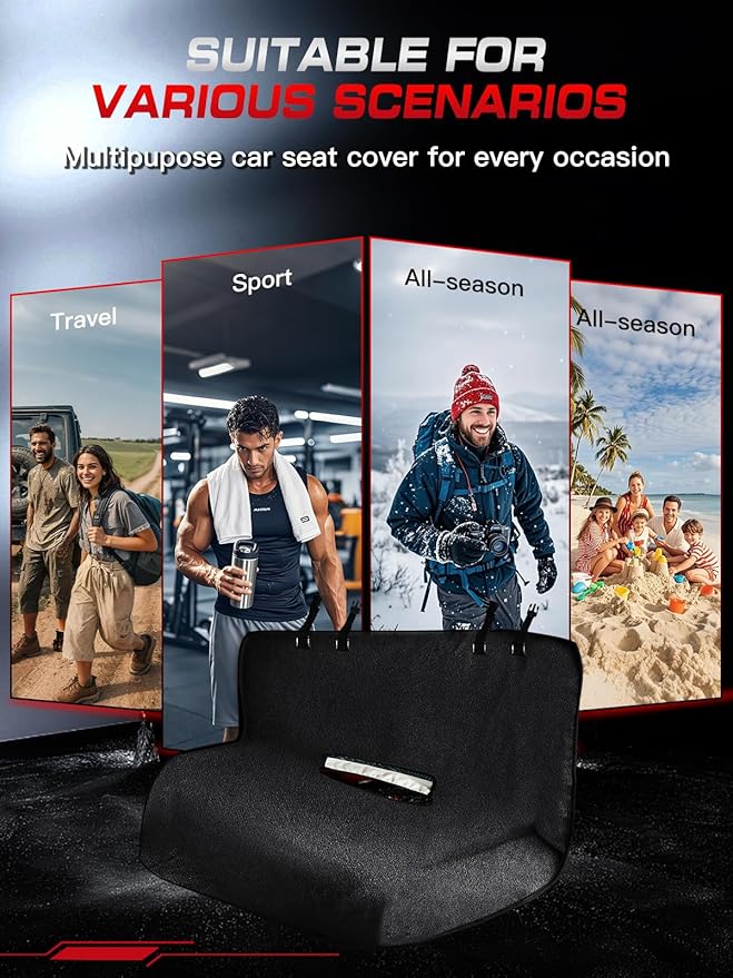 Car Seat Cover Towel, Waterproof Sweat Absorbent Back Seat Protector for Sedans SUVs & Minivans, Non-Slip Machine Washable Rear Bench Cover for Post-Gym, Beach, Pets & Kids (Black)