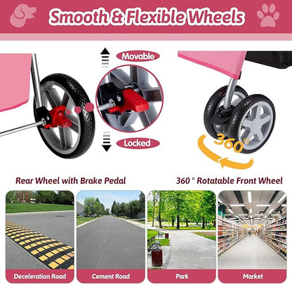 Pet Stroller, 4 Wheels Pet Strolling Cart for Medium/Small Dogs and Cats, Foldable Cat Jogger/Dog Stroller with Cup Holder, Storage Basket, Breathable Mesh, All-Season Pet Carrier, Pink