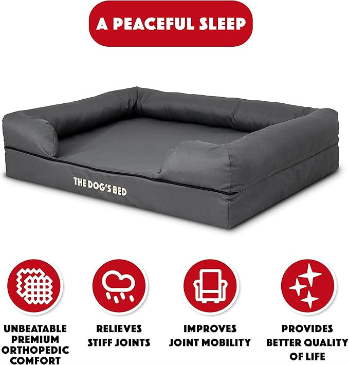 The Dog’s Bed Orthopedic Memory Foam Dog Bed with Bolsters for Large Dogs, High Density Support Mattress, Low Front Entry, Removable Washable Cover, Oxford Fabric, Grey with Black Trim, Large