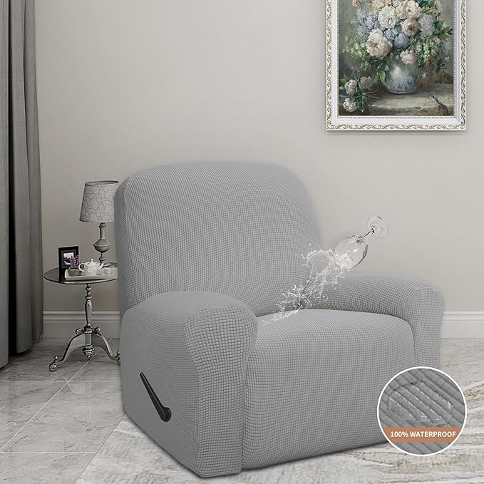 Easy-Going 100% Waterproof Recliner Cover, Dual Waterproof Couch Cover for Recliner, 1- Piece Jacquard Sofa Cover, Leakproof Sofa Slipcover for Kids, Pets, Dog and Cat (Recliner, Light Gray) 1 Seat
