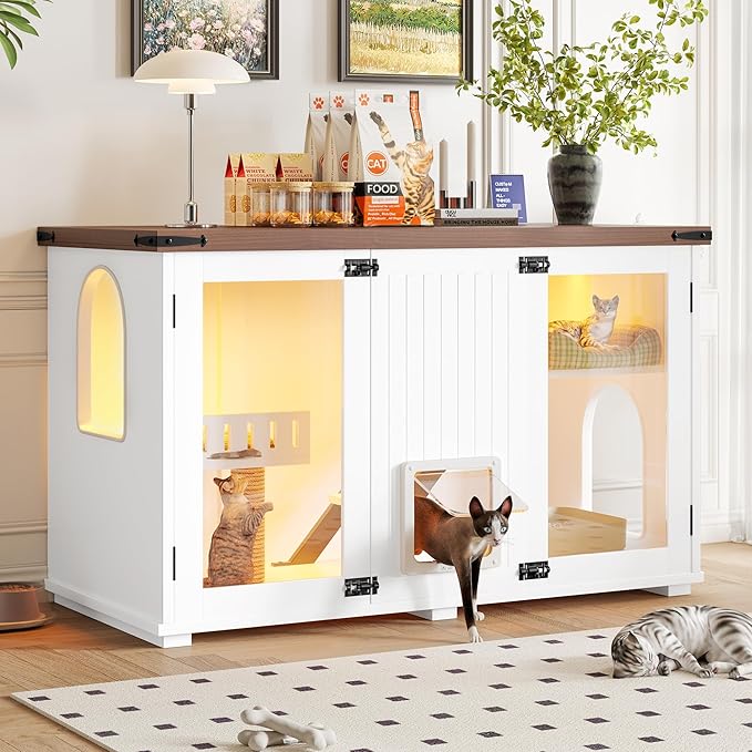 LUMISOL Indoor Cat House with LED Light, Large Cat Litter Box Enclosure with Stairs and Cat Scratching Post, Hidden Litter Box Cabinet Furniture, Side Table with Smart Doors for Living Room, White