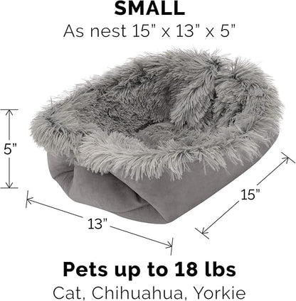 Furhaven Self-Warming Cat Bed for Indoor Cats, 4-Beds-in-1 & Washable - Plush Long Faux Fur Convertible Cuddler - Gray, Small