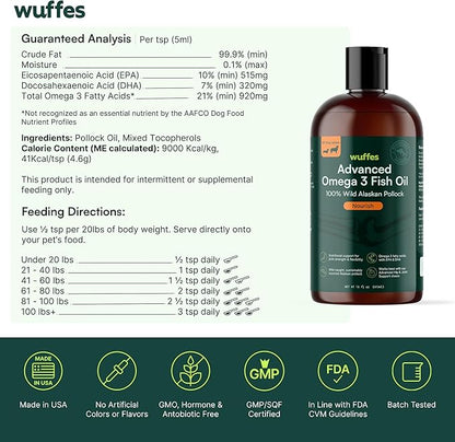 Wuffes Advanced Omega 3 Fish Oil for Dogs, Natural EPA & DHA Fatty Acids, Supports Healthy Skin and Coat, Joint Nutrition, Digestion & Immune System - 100% Pure Wild Alaskan Fish Oil, 16 Oz