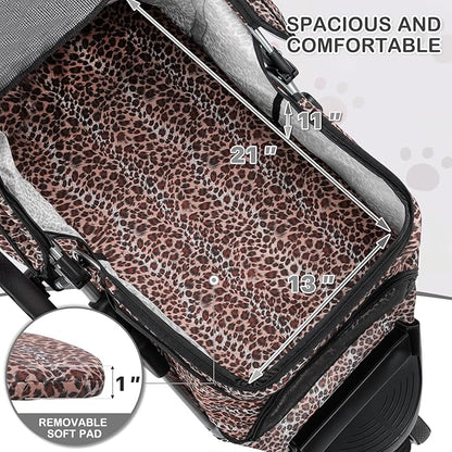 MoNiBloom 3 Wheels Pet Dog Cat Stroller for Small Medium Dogs Cats, Lightweight Foldable Jogger Stroller w/Storage Basket & Cup Holder, Leopard Print