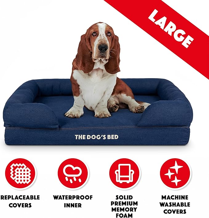 The Dog’s Bed Orthopedic Memory Foam Dog Bed with Bolsters for Large Dogs, Waterproof Washable Cover, Anti-Slip Base, Calming Surface – CertiPUR-Certified Foam, Denim Fabric, Blue Denim, Large