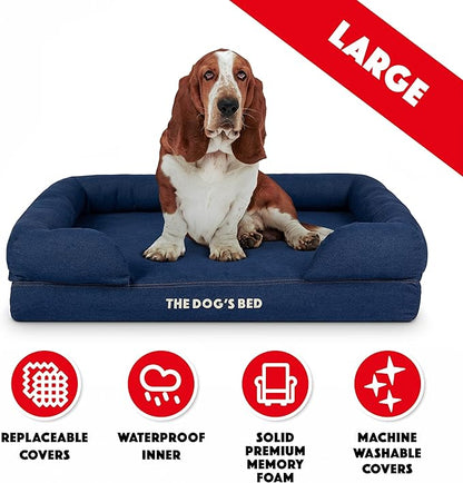 The Dog’s Bed Orthopedic Memory Foam Dog Bed with Bolsters for Large Dogs, Waterproof Washable Cover, Anti-Slip Base, Calming Surface – CertiPUR-Certified Foam, Denim Fabric, Blue Denim, Large