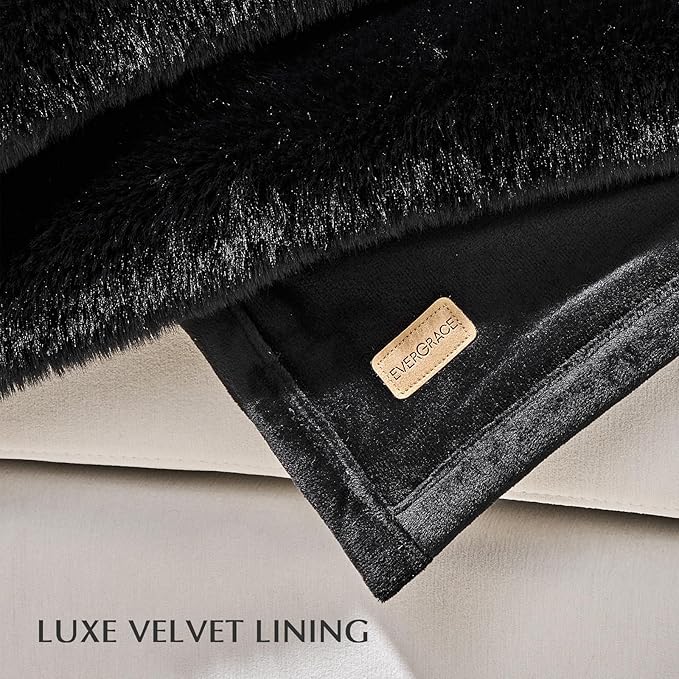 EVERGRACEHOME Luxury Soft Faux Chinchilla Fur Throw Blanket for Couch, Warm Thick Heavy Winter Throw Blanket 1220GSM for Bed, Fluffy Cozy Mink Blanket with Reversible Velvet, Black Noir Mink, 60"x80"