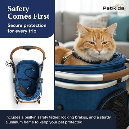 Luxury Pet Stroller with Detachable Carrier | Lightweight Design with Easy One-Hand Fold & Spacious Storage Basket | Safe & Comfortable Travel for a Small to Medium Dog or Cat, Blue