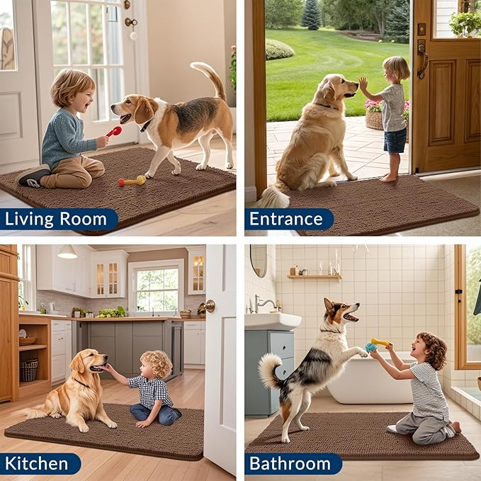 Smiry Dog Door Mat for Muddy Paws 48x30, Absorbs Moisture and Dirt Doormat, Non-Slip Washable Quick Dry Chenille Front Door Mat Indoor Entrance, Entryway Carpet for Inside Floor, Mocha