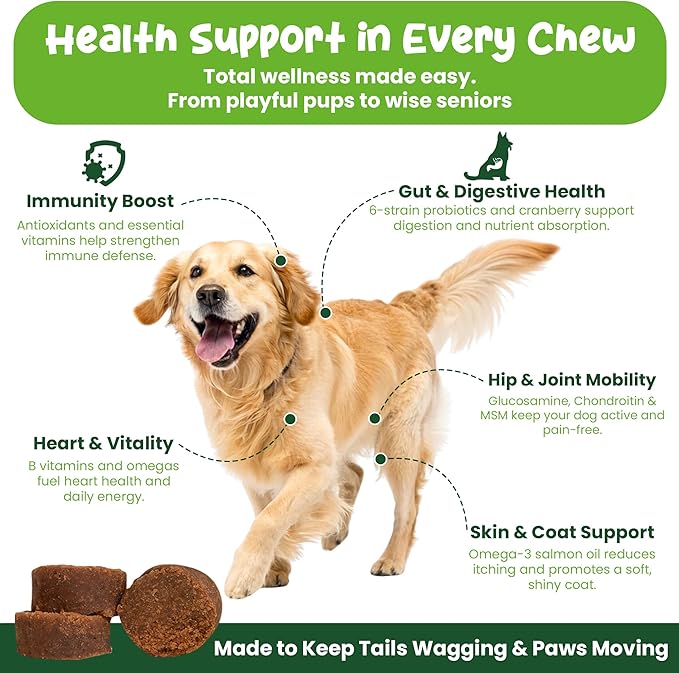 Vibin’ Tails 24-in-1 Dog Multivitamin, Glucosamine Chondroitin Hip & Joint Support, Probiotics & Omega-3, Skin & Coat - Puppy & Senior Chewable Dog Vitamins & Supplements Vet Formulated- 120ct Chicken