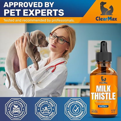 Milk Thistle for Dogs & Puppies – Liquid Supplement for Liver & Kidney Support – Milk Thistle for Cats & Kittens – Effective Digestion Care with Natural Beef Flavor & No Additives – 2 Oz Bottle