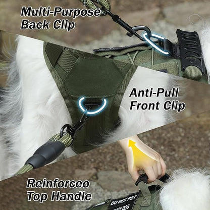 No Pull Tactical Dog Harness for Large Dogs, Escape Proof Molle Dog Vest Harness and Leash Set, Adjustable Military Service Dog Harness with Handle for Medium Large Dogs(Green, L)